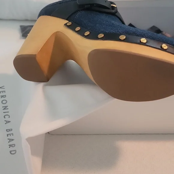 New Veronica Beard Navy Mules with Gold Accents - Picture 3 of 6